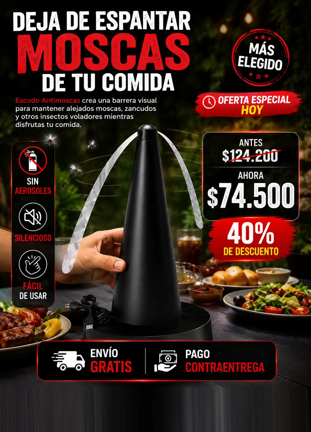 Tu comida libre de moscas. Disfruta tranquilo al aire libre con nuestro escudo invisible.