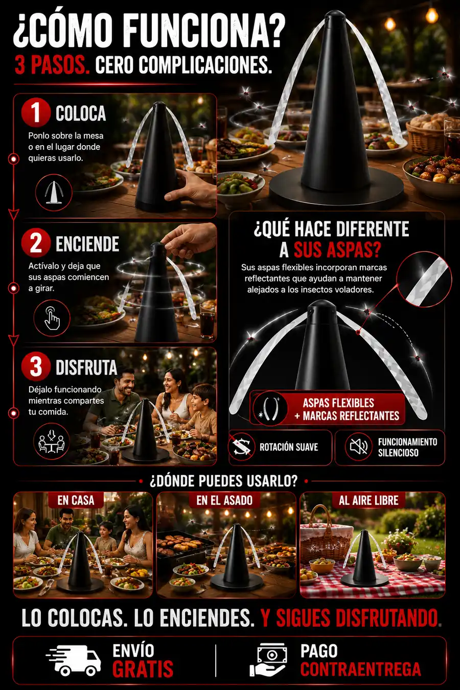 Escudo invisible anti-moscas en acción: protege tu comida en asados, picnics y terrazas sin químicos.