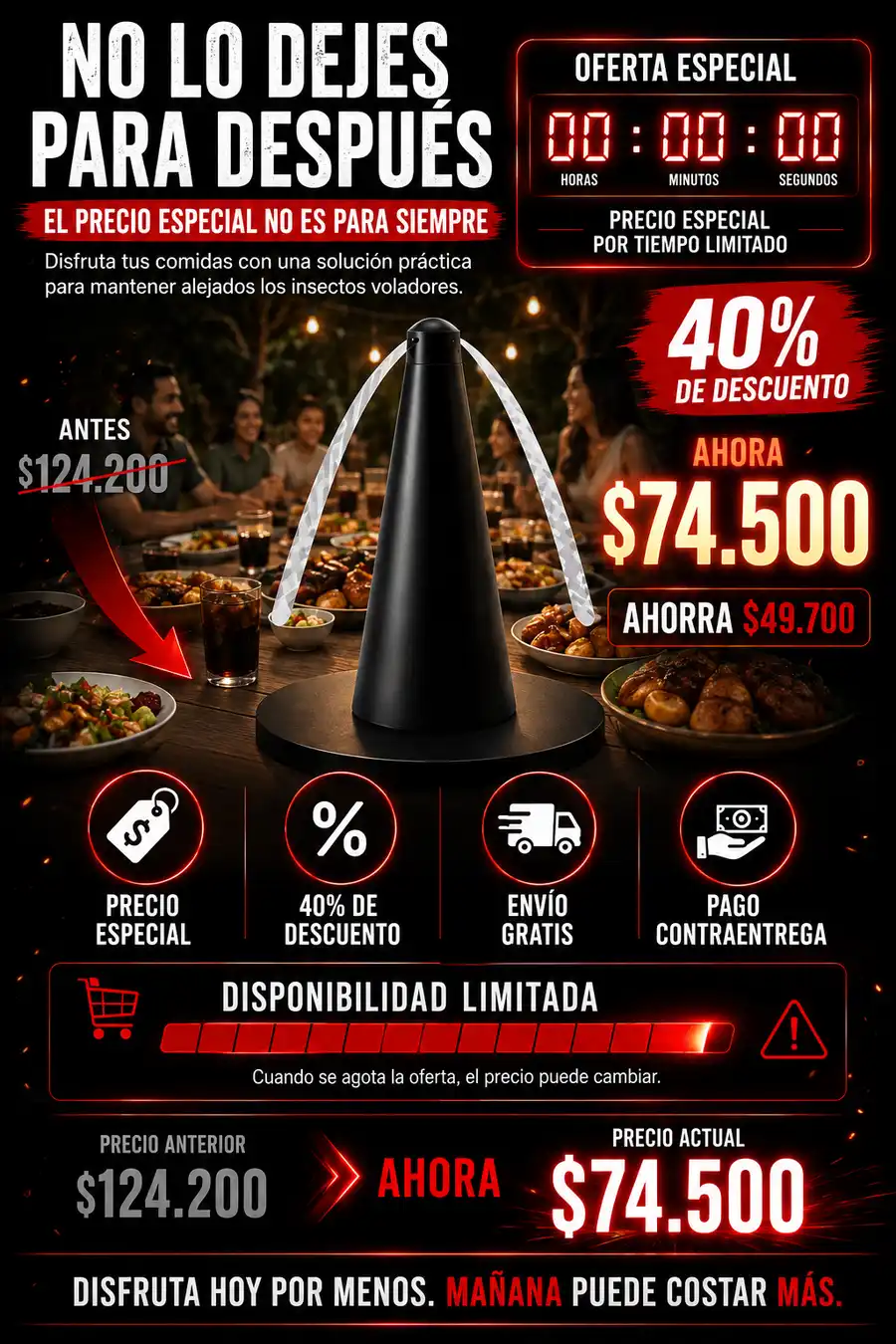 Familia en parrillada feliz, sin moscas. El protector crea un escudo invisible para tu comida y bebidas.