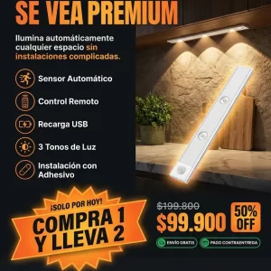 Lámpara LED 40cm recargable con sensor de movimiento y control. Luz cálida, fría y tenue para un hogar seguro.