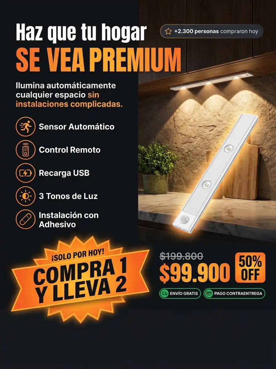 Lámpara LED 40cm recargable con sensor de movimiento y control. Luz cálida, fría y tenue para un hogar seguro.
