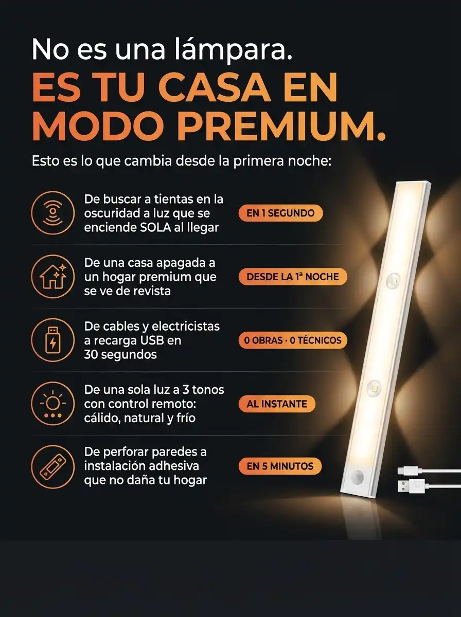 Lámpara LED con Sensor de Movimiento. Adhesivo trasero para fácil instalación, luz inteligente en cualquier superficie.