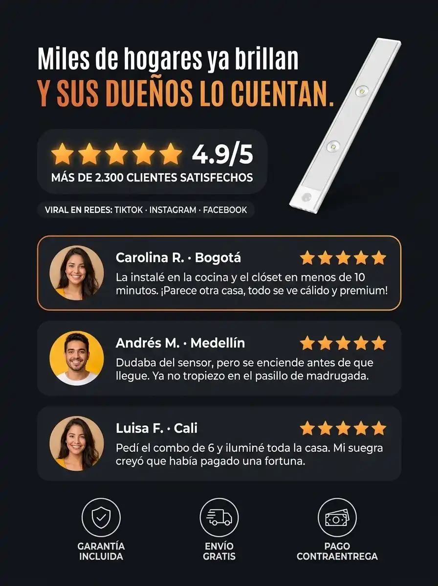 Lámpara LED 40cm recargable, sensor de movimiento. Fácil instalación, 3 tonos de luz, hogar seguro y eficiente.
