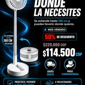 Ventilador portátil plegable con trípode. Recargable, 4 velocidades. Frescura sin cables, múltiples posiciones, ahorra espaci