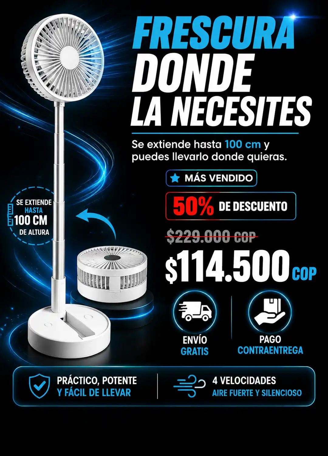 Ventilador portátil plegable con trípode. Recargable, 4 velocidades. Frescura sin cables, múltiples posiciones, ahorra espaci