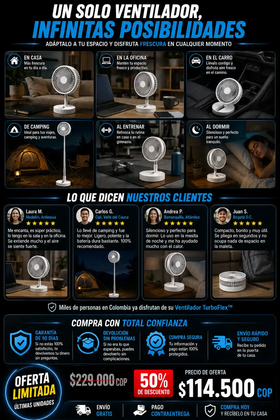 Ventilador portátil telescópico, plegable y con trípode. Batería 7200mAh, 4 velocidades. Frescura sin cables ni límites.