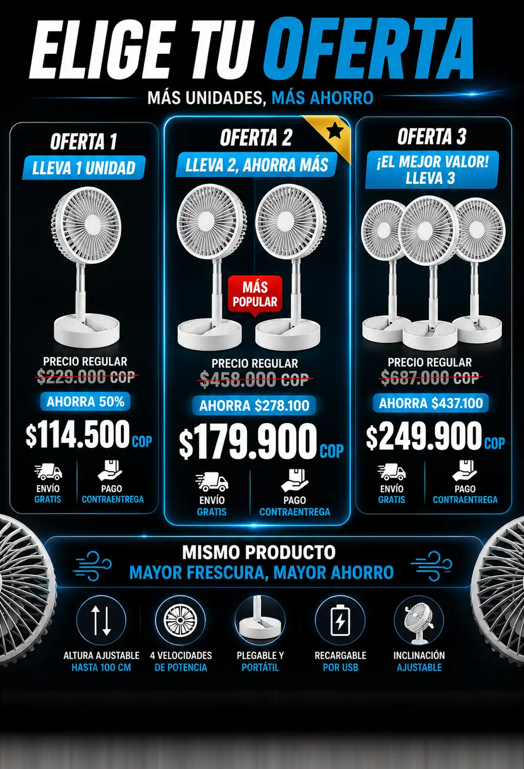 Ventilador plegable, telescópico y portátil con trípode. Batería recargable, 4 velocidades. Frescura adaptable sin cables.