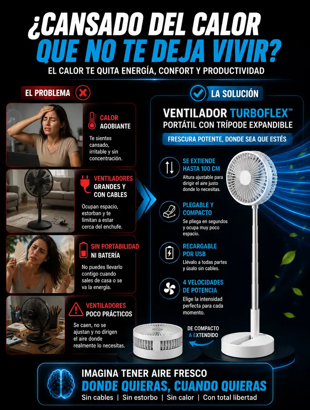 Ventilador portátil plegable y telescópico con trípode. Batería 7200 mAh y 4 velocidades. Frescura sin cables.