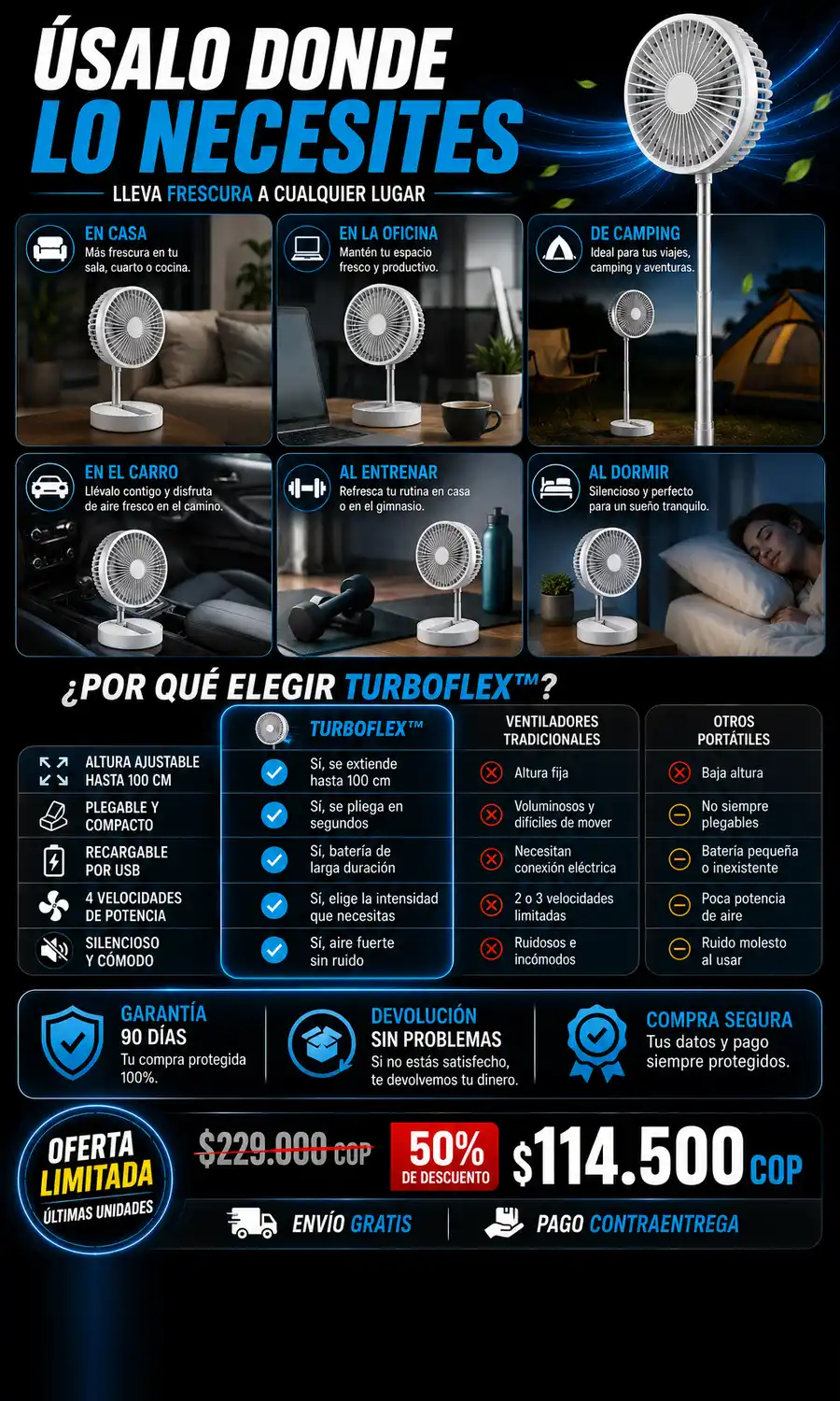 Ventilador portátil plegable/telescópico con trípode. Compacto, sin cables. Frescura versátil, batería duradera.