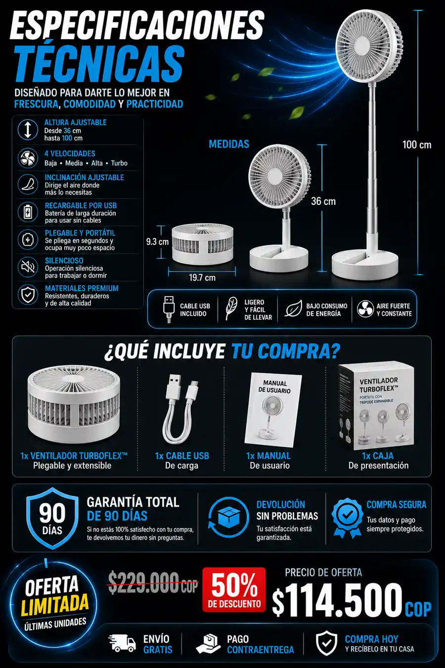 Ventilador portátil plegable, telescópico, con trípode. Batería 7200 mAh. Frescura sin cables, 4 velocidades y ahorro de espa