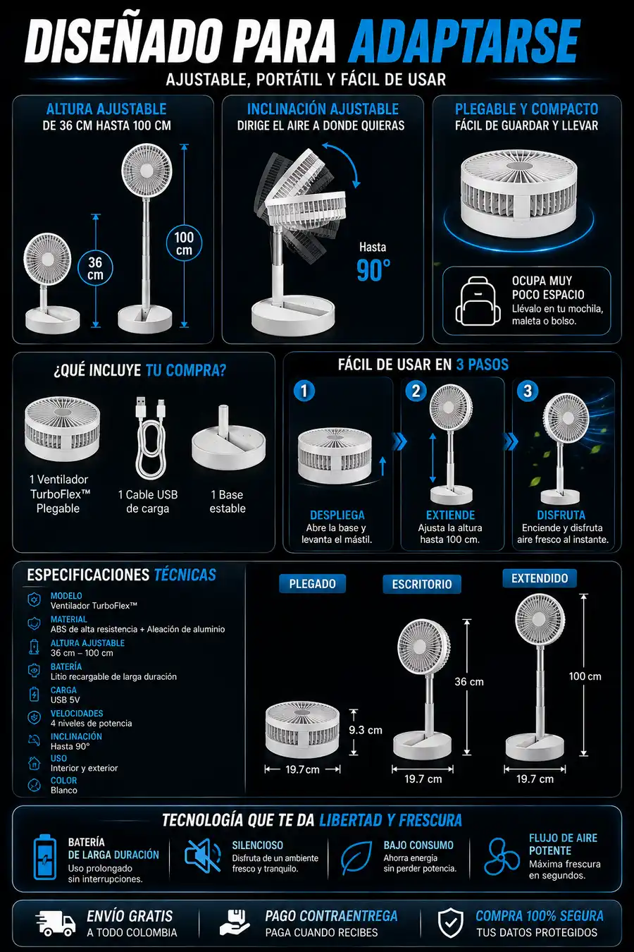 Ventilador telescópico y plegable con trípode. Batería recargable, 4 velocidades. Frescura potente y portátil en todo lugar.