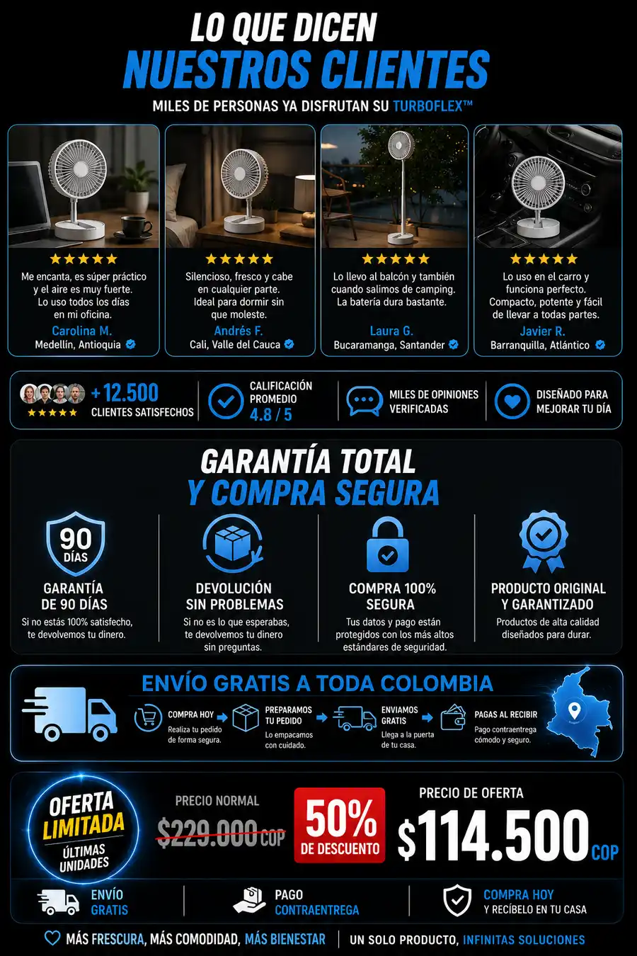 Ventilador plegable y telescópico: frescura potente y silenciosa en cualquier sitio. Batería de larga duración.